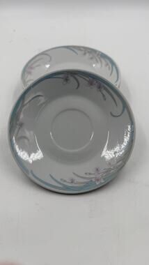 Vintage 1980's Set of 4 Saucers 6" Inch Blue Pink on White Porcelain